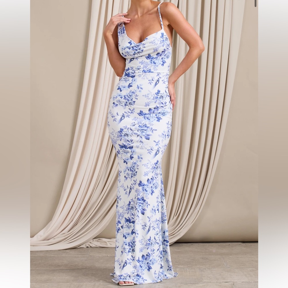 CLUB L LONDON - BLUE FLORAL PRINT ASYMMETRIC NECKLINE COWL MAXI DRESS